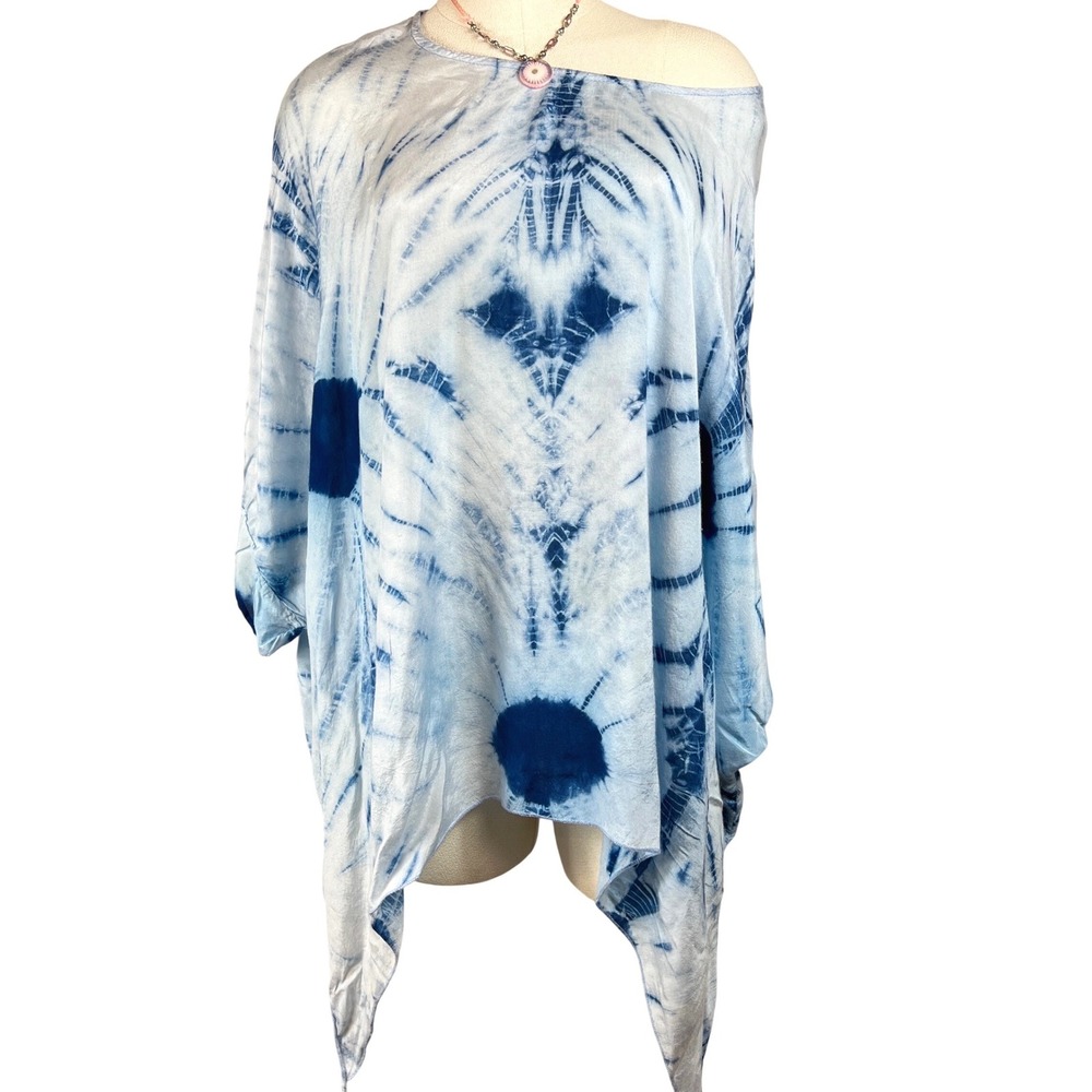 Sterling Styles Women's Blue White Tie Dye Art Silk Poncho Top One Size Boho